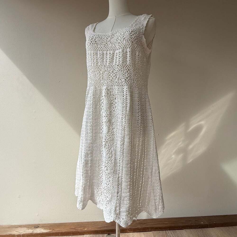 White Fully Crochet Sleeveless Boho Midi Dress with Floral Sunburst Pattern